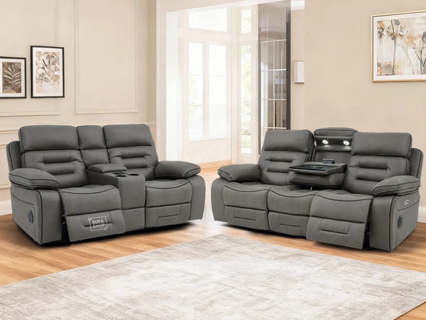 3+2 Sofa Set. Electric Cinema Sofa Suite in Graphite Fabric | Hi-Tech Sofa Set with Cupholders + Console + Power + USB + Speakers | Tuscany | The Sofa Shop