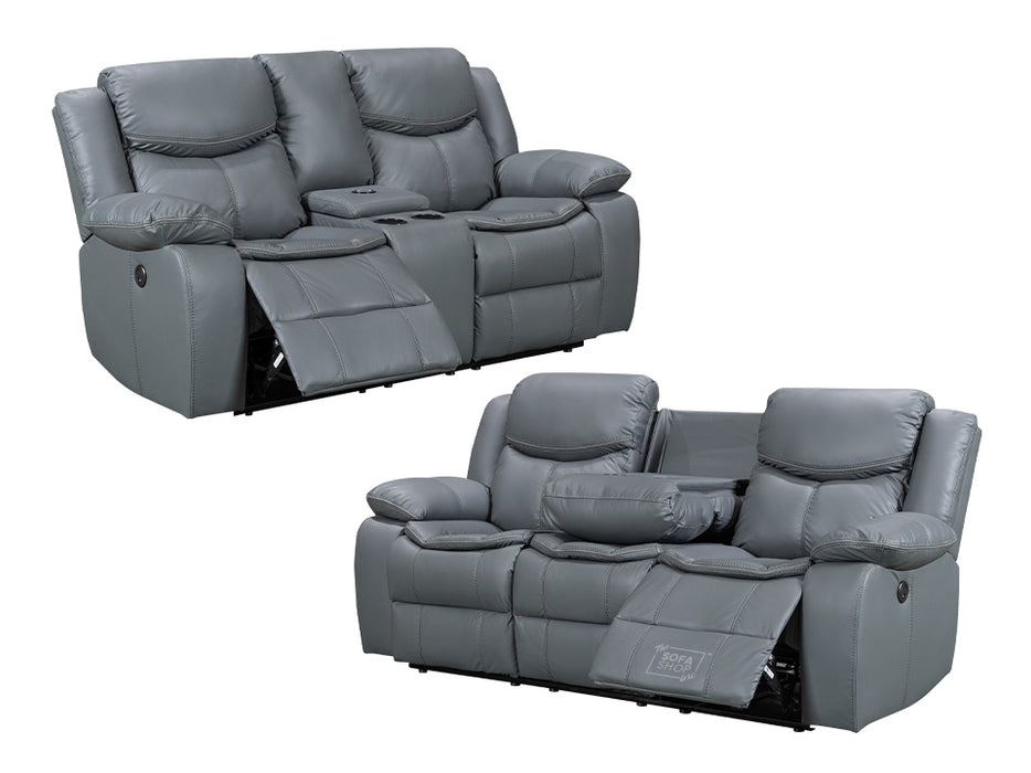 3 2 Electric Recliner Sofa Set. 2 Piece Recliner Sofa Package Suite in Grey Leather With USB Ports & Drink Holders & Storage Boxes- Highgate