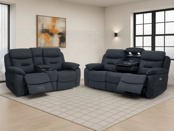 3+2 Piece Electric Home Cinema Sofa Set | Fabric Couch Suite In Charcoal Grey | Hi-Tech Sofa Set With Massage + Console + Table + Reading Lamps | Florence