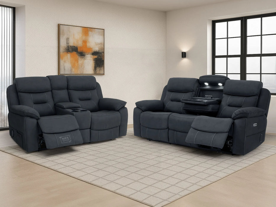 3+2 Piece Electric Home Cinema Sofa Set | Fabric Couch Suite In Charcoal Grey | Hi-Tech Sofa Set With Massage + Console + Table + Reading Lamps | Florence