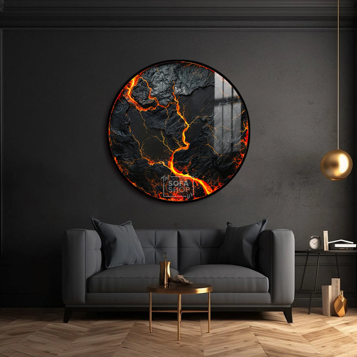 Volcanic Wall Art Round LED Canvas 100 cm | Lava-Inspired Feature Piece With Flickering LED Glow + Remote Control + Crystal-Porcelain Gloss + Gold Or Black Frame | The Sofa Shop