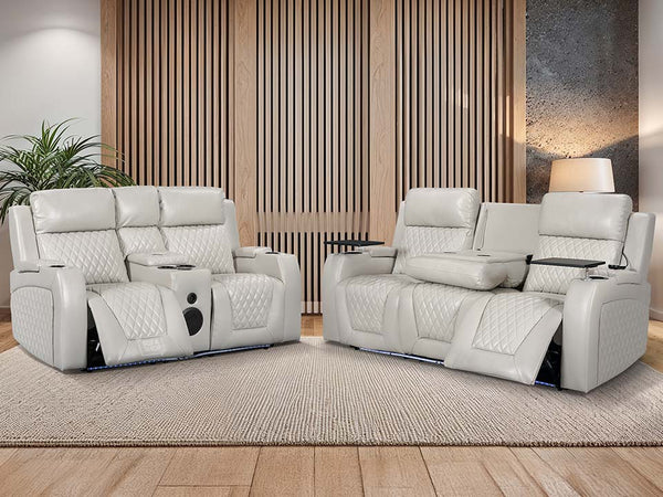 3 2 Smart Electric Recliner Cinema Sofa Set in Cream Leather with Cup Holders, Storage Boxes, and USB Ports - Venice Series Two