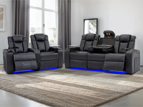 3+2 Electric Recliner Sofa Set | 2-Piece Real Leather Cinema Suite in Black with Console, Massage, Drink Holders & Storage Boxes | Capri | Sofa Shop