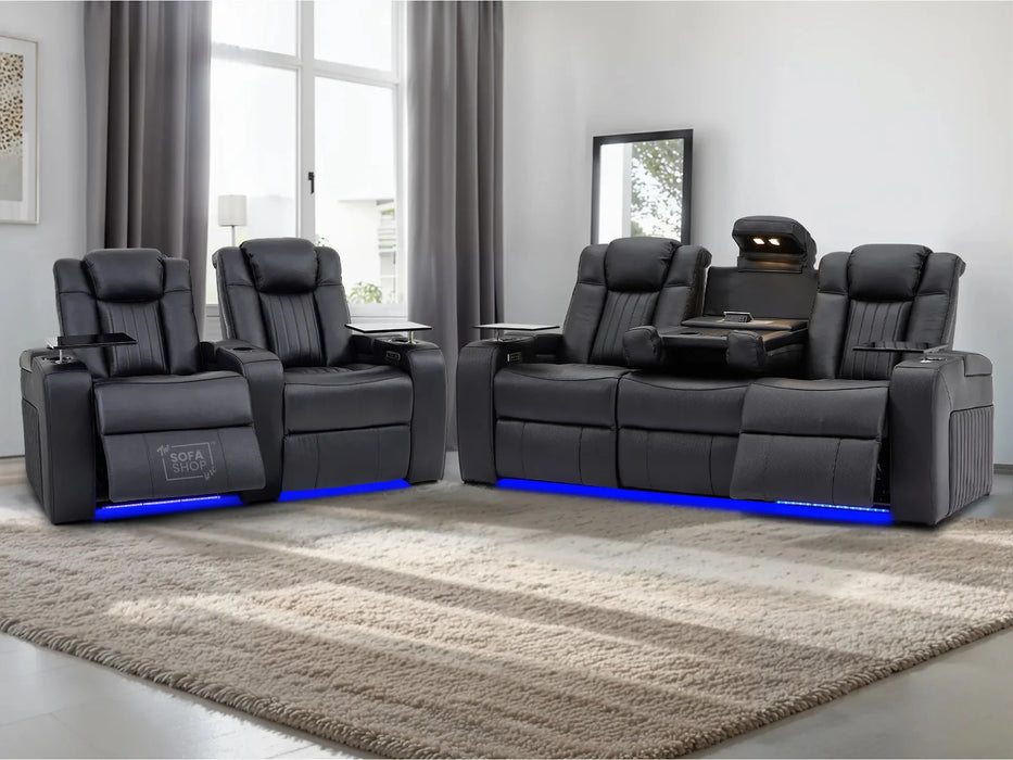 3+2 Electric Recliner Sofa Set | 2-Piece Real Leather Cinema Suite in Black with Console, Massage, Drink Holders & Storage Boxes | Capri | Sofa Shop