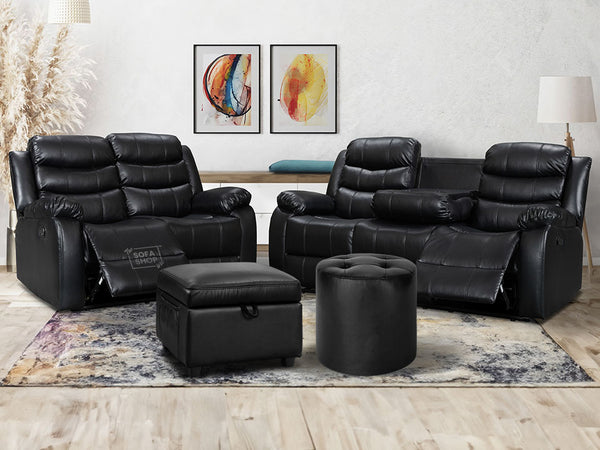 3 2 Recliner Sofa Set Plus Pouffe & Footstool in Black Leather with Drop-Down Table & Drink Holders - Sorrento