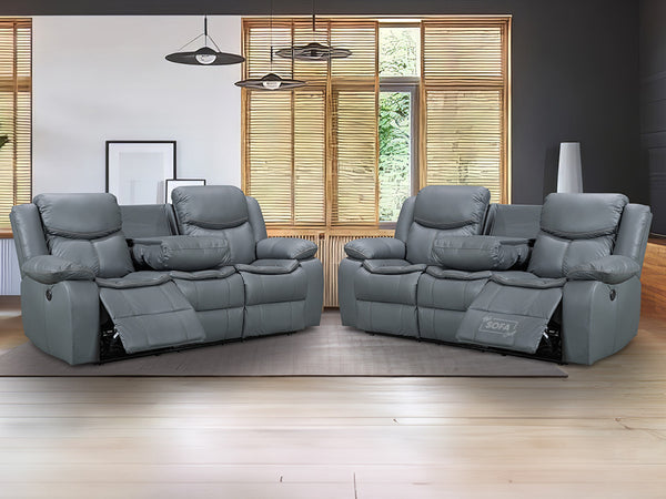 3+3 Electric Recliner Sofa Set & Leather Sofa Package. Grey 2 Piece Suite with Console & Charger & Cup Holders - Highgate