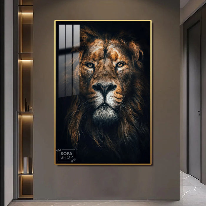 Majestic Lion LED Canvas 100 x 150 cm Vertical | Hyperrealistic Lion Head Portrait With Adjustable LED Backlighting + Crystal-Porcelain Finish + Gold Or Black Frame | The Sofa Shop