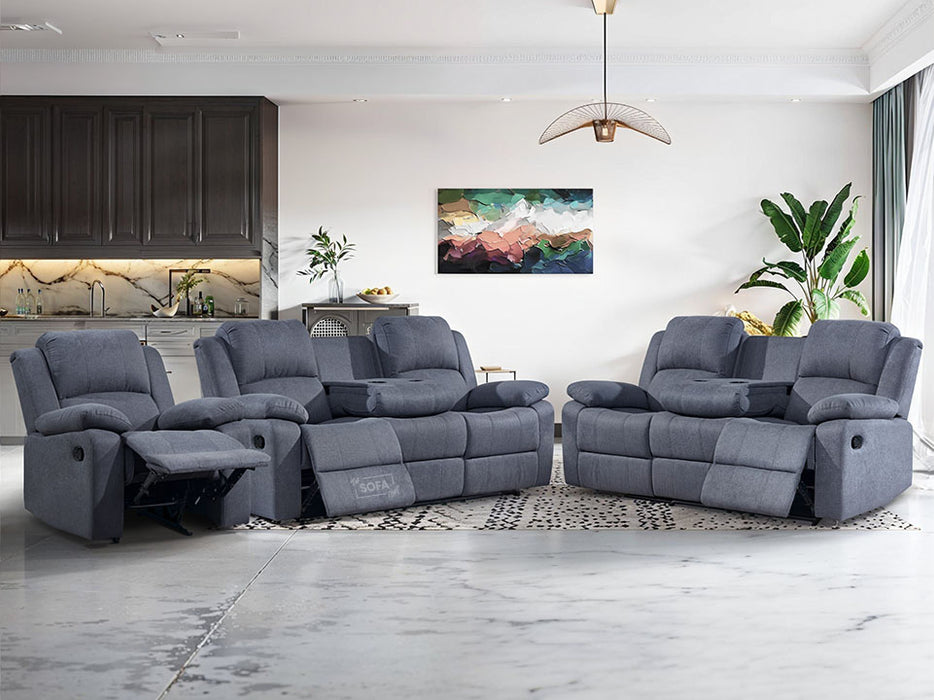 3 Piece Sofa Set - Recliner Sofa - 3+3+1 Seat Sofa Suite Package in Dark Grey Fabric with Folding Table & Cupholders - Trento