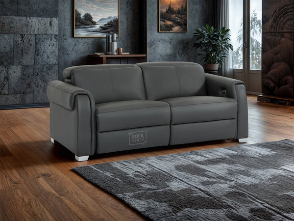 3 Seater Leather Recliner Sofa with Power Headrest, USB Charging Ports & Electric Reclining Mechanism for Ultimate Comfort | Grey Genuine Leather Sofa | Turin | The Sofa Shop