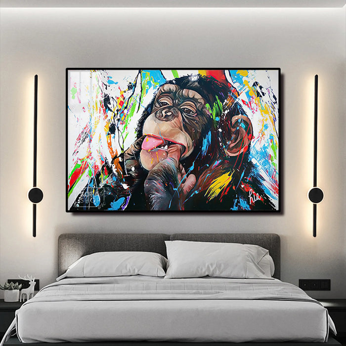 Colourful Chimp LED Canvas 150 x 100 cm | Graffiti Monkey Wall Art With Concealed LED Backlighting + Crystal-Porcelain Finish + Gold Or Black Frame | The Sofa Shop