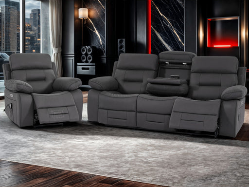 3+1 Seater Fabric Sofas with Drop-Down Table, Power Headrest, Power Recliner, Bluetooth, Socket Set, Storage Drawer, USB & Wireless Charging | Grey Fabric | Sicily | The Sofa Shop