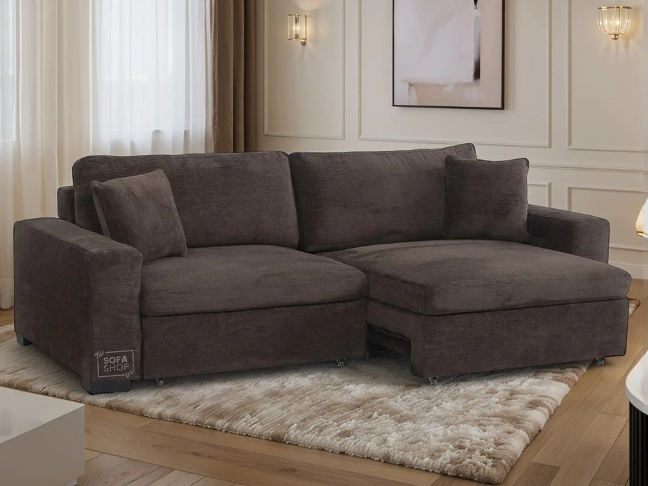 Extendable Electric Sofa - Bed in Brown Corduroy Fabric | 3 Seater Home Cinema Couch with Power Slider | USBc Charging Ports | Palma