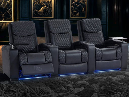 3 Seat Electric Recliner Home Cinema Theatre Sofa | Genuine Leather Couch In Black + Cupholders + LED + Table + Lumbar Support + Bluetooth Speaker | Torino | The Sofa Shop