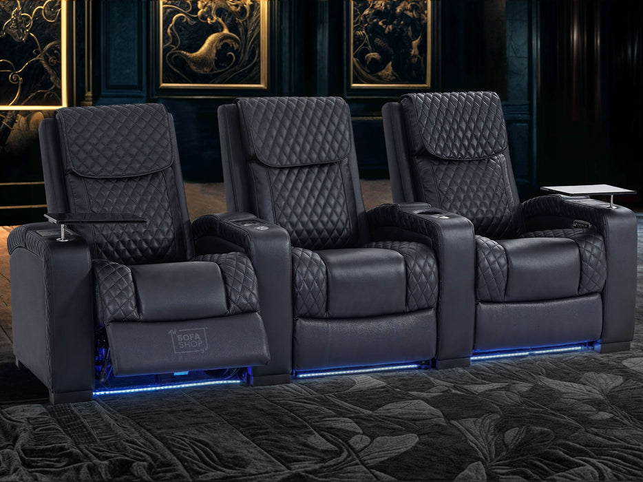 3 Seater Real Leather Electric Recliner Sofa In Black | Cinema Seats For Smart Homes with Lumbar Support, LED Lights, Console & Cup Holders | Torino