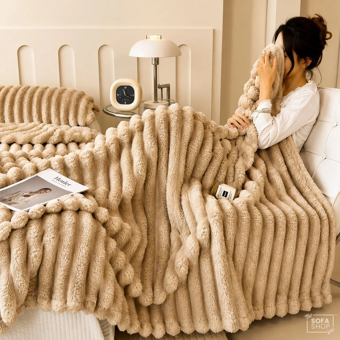 Chic Khaki Flannel Plush Blanket 150 x 200cm | Fluffy Warm Cosy Throw with Ultra-Soft Fleece + Machine Washable Care | Boston | Bed Sofa Couch Blanket | The Sofa Shop