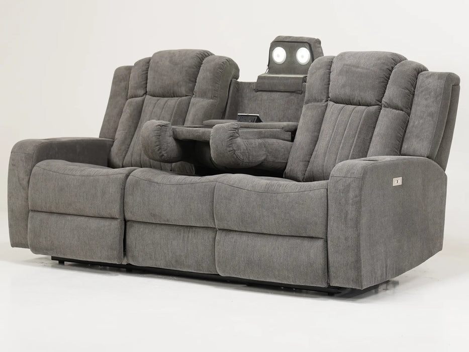 3 Seater Electric Recliner Sofa In Light Grey Fabric | Cinema Sofas | Drop Down Table, USB Ports, Reading Lights, Plug Sockets & Cup Holders | Sample Sofas 45