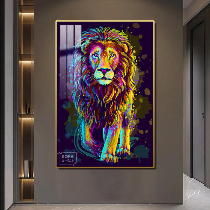 Colourful Lion LED Canvas 100 x 150 cm Vertical | Pop Art Wall Art With White Halo Glow + Remote & Plug Control + Crystal-Porcelain Finish + Gold Or Black Alloy Frame | The Sofa Shop