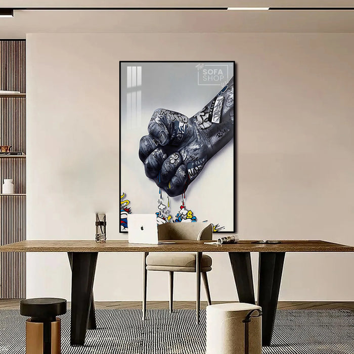 Graffiti Fist LED Canvas 100 x 150 cm Vertical | Urban Street Art With Adjustable LED Backlighting + Crystal-Porcelain Finish + Gold Or Black Aluminium Frame | The Sofa Shop