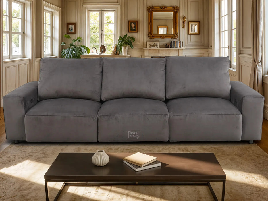 Extendable Electric Sofa - Bed in Grey Velvet Fabric | 3 Independant Power Motion Seats Perfect for Cinema Room & Home Theatre | 3 Seater with Cupholder + USBc & Wireless Charging | Almeria