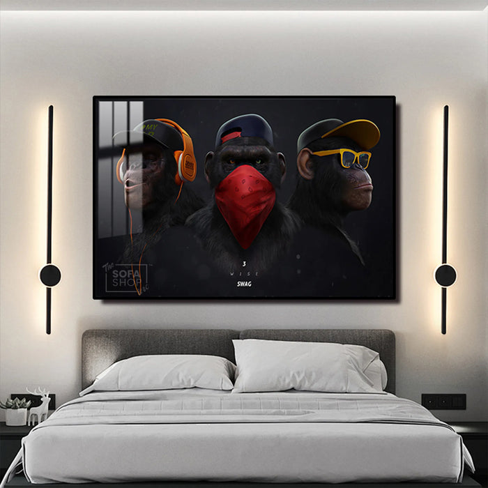 Urban Chimpanzee Trio LED Canvas 150 x 100 cm | Street-Style Monkey Wall Art With 3 Brightness Modes + Crystal-Porcelain Finish + Gold Or Black Frame | The Sofa Shop