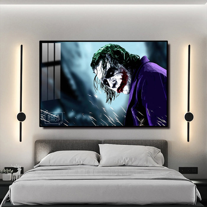 LED Joker Portrait Canvas 150 x 100 cm | Glow In The Dark Wall Art With 3 Lighting Modes + Crystal-Porcelain Finish + Gold Or Black Aluminium Frame | The Sofa Shop