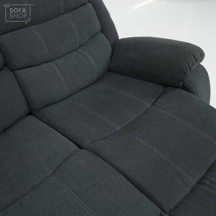 2 Seater Manual Recliner Sofa in Dark Grey Fabric | Worn Armrests | Sortino | Second Hand Sofas SH01