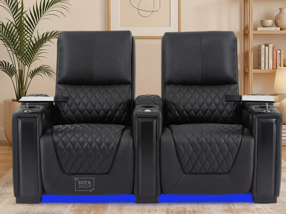 2 Seat Real Leather Electric Recliner Home Cinema Theatre Sofa in Black With Multi-Position Reclining + LED Cup Holders | Assisi | The Sofa Shop
