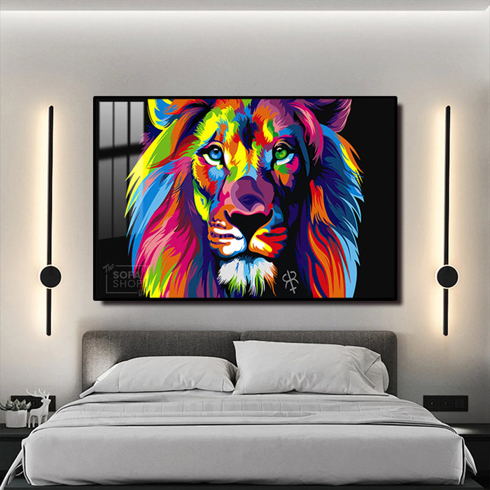 Colourful Lion Painting LED Canvas 150 x 100 cm | Pop Art Wall Art With 3 Brightness Modes + Remote Control + Crystal-Porcelain Finish + Gold Or Black Frame | The Sofa Shop