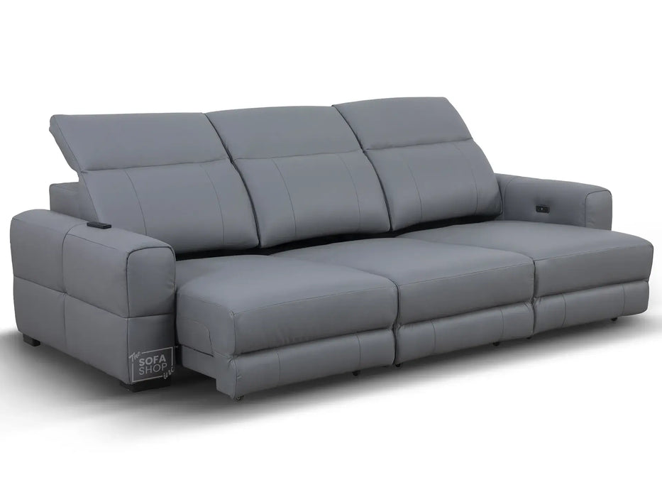 Extendable Electric Sofa - Bed in Grey Real Leather | 3 Independant Power Motion Seats Perfect for Cinema Room & Home Theatre | Adjustable Headrests | USBc Ports | Sevilla