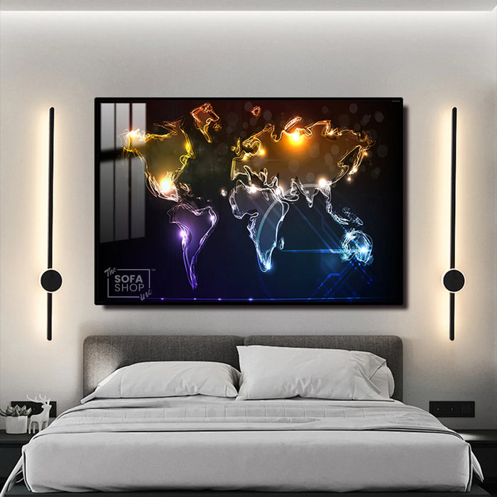 Illuminated World Map LED Canvas 150 x 100 cm | Neon Map Wall Art With Adjustable LED Backlighting + Crystal-Porcelain Finish + Gold Or Black Frame | The Sofa Shop