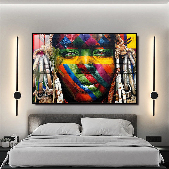 LED-Enhanced African Woman Portrait Canvas | Horizontal LED Canvas 150×100 cm | Crystal-Porcelain Horizontal Painting, Gold / Black Frame | The Sofa Shop