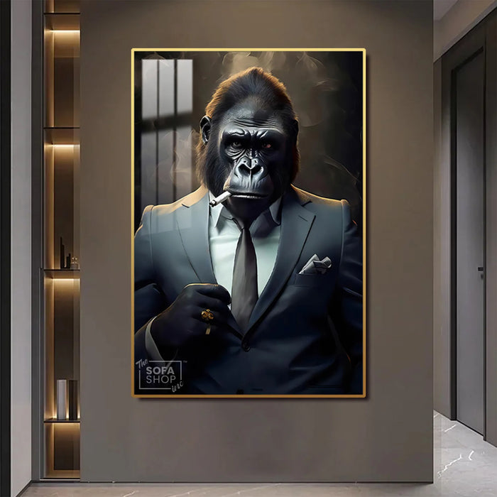 Smoking Gorilla King LED Canvas | Wall Art Painting in Gold/Black Frame Gorilla Portrait Wall Art, LED-Lit Crystal-Porcelain Painting | 100×150 cm | The Sofa Shop