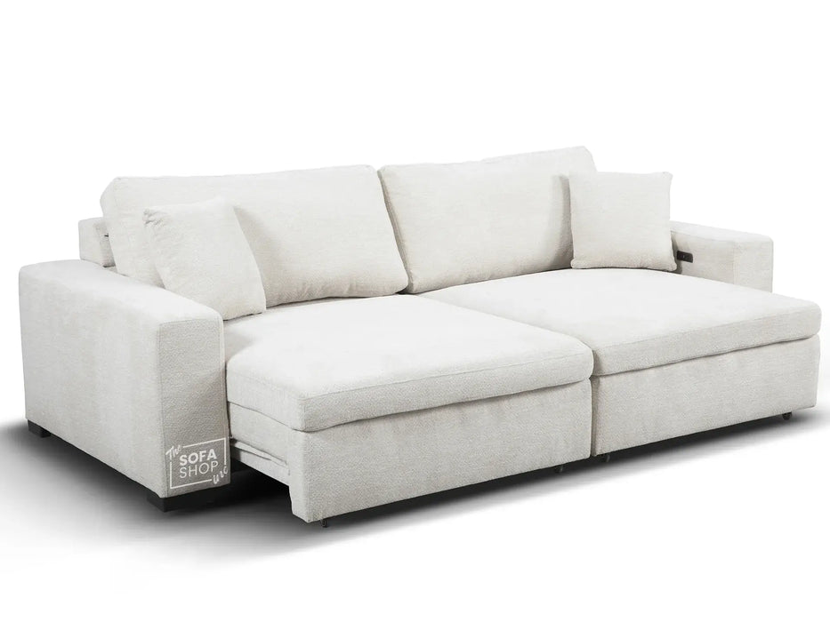 Extendable Electric Sofa - Bed in Cream Chenille Fabric | 3 Seater Power Sliding Couch Perfect for Home Cinema & Movie Nights  | USBc Charging Ports | Palma