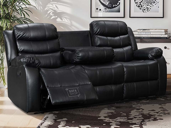 3 Seater Recliner Sofa in Black Leather with Drop-Down Table & Cup Holders - Sortino