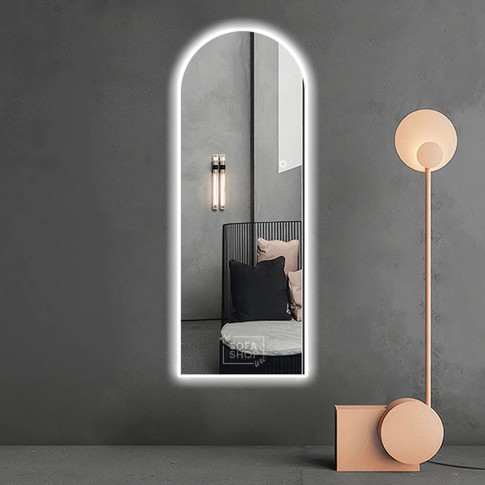 Full Length Frameless Arched Mirror with LED Lights - Free Standing Silver Mirror