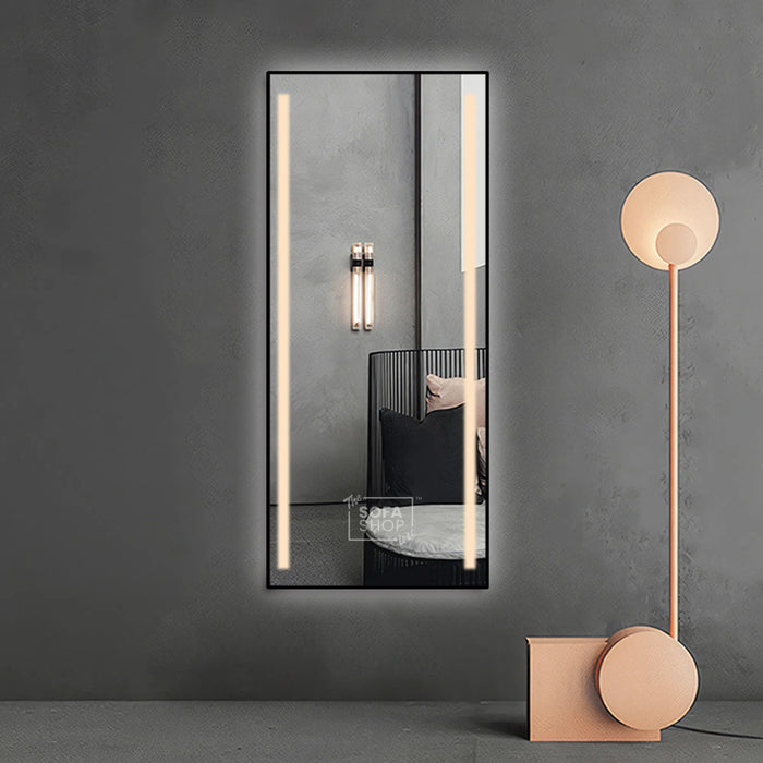 Rectangular Hanging Mirror with LED Light and Frame Design in Gold, Silver, or Black