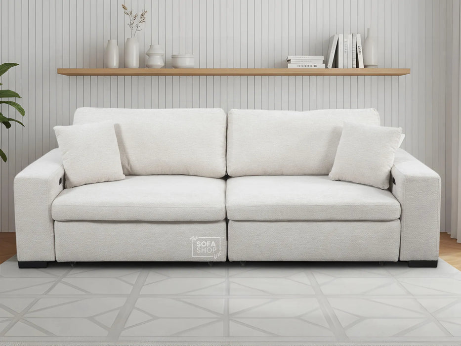 Extendable Electric Sofa - Bed in Cream Chenille Fabric | 3 Seater Power Sliding Couch Perfect for Home Cinema & Movie Nights  | USBc Charging Ports | Palma