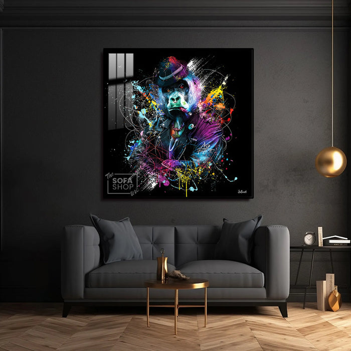 Gorilla Wall Art LED Canvas 100 x 100 cm | Street-Style Print With Bold Colour Splashes + Remote-Controlled LED Frame + Crystal-Porcelain Finish + Gold Or Black Frame | The Sofa Shop