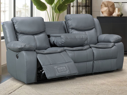 3 Seater Electric Recliner Sofa in Grey Leather with USB Port, Drop-Down Table & Cup Holders - Highgate