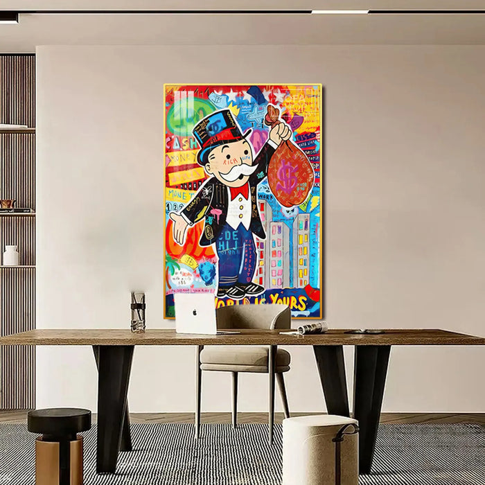 Monopoly Man LED Canvas | The World Is Yours | 100×150 cm LED-Illuminated Crystal-Porcelain Painting, Gold/Black Frame | The Sofa Shop