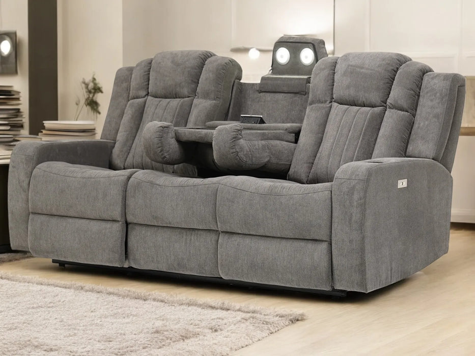 3 Seater Electric Recliner Sofa In Light Grey Fabric | Cinema Sofas | Drop Down Table, USB Ports, Reading Lights, Plug Sockets & Cup Holders | Sample Sofas 45