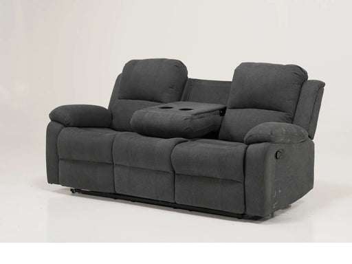 3 Seater Manual Recliner Sofa in Dark Grey Fabric with Drop-Down Table and Cup Holders | Glue on Right-Hand Facing Side Panel, Hole on Back of Left-Hand Facing Side Panel | Trento | Second Hand Sofa 108