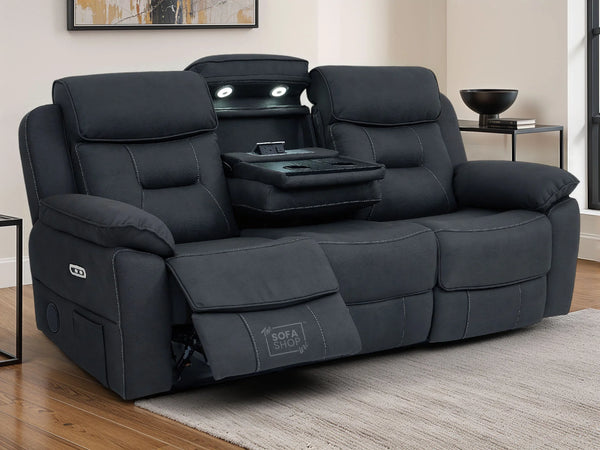 3 Seat Electric Recliner Home Cinema Sofa | Fabric Couch In Charcoal Grey | Hi-Tech Sofa with Massage + Cupholders + Table + Power Headrests + Speakers | Florence