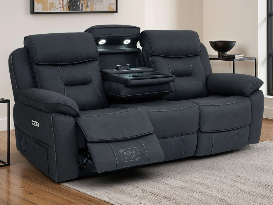 3 Seat Electric Recliner Home Cinema Sofa | Fabric Couch In Charcoal Grey | Hi-Tech Sofa with Massage + Cupholders + Table + Power Headrests + Speakers | Florence
