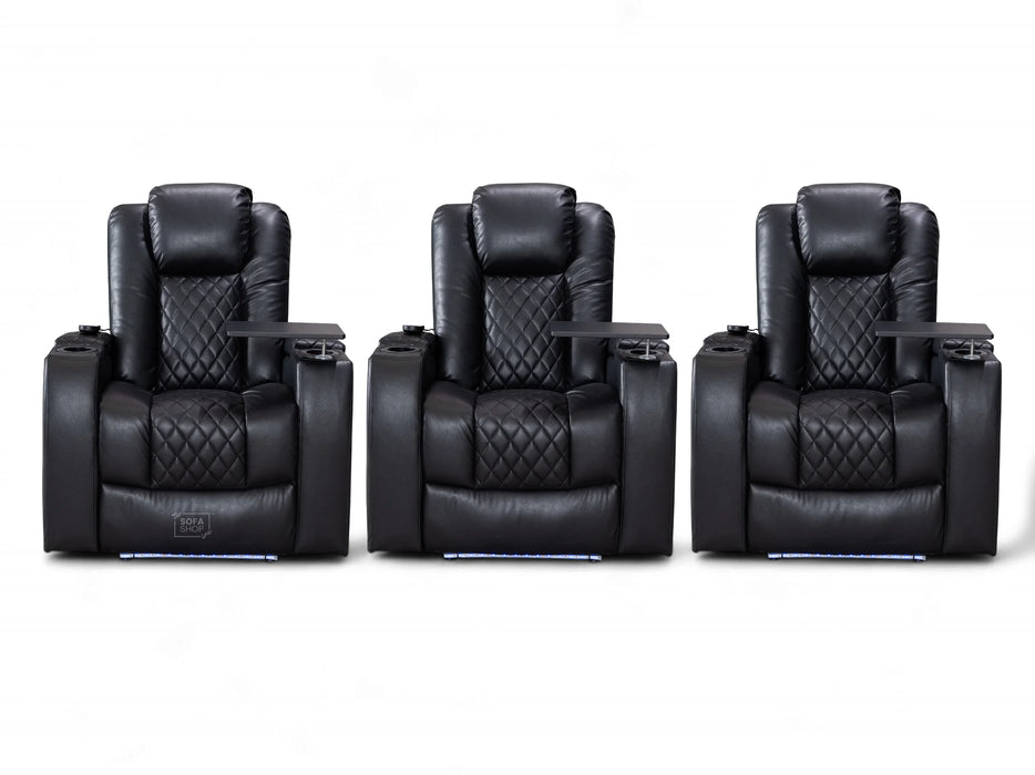 Row of 3 Electric Home Cinema Seats in Black Leather Aire, With Recliner, Massage Seats, Removable Table, USB, Lights, Storage Arms, Chilled Cupholders - Pavia