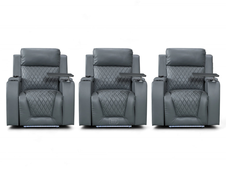 Row of 3 Electric Home Cinema Seats in Grey Leather Aire with Recliner, Massage Seats, Removable Table, USB, Lights, Chilled Cupholders - Venice Series One