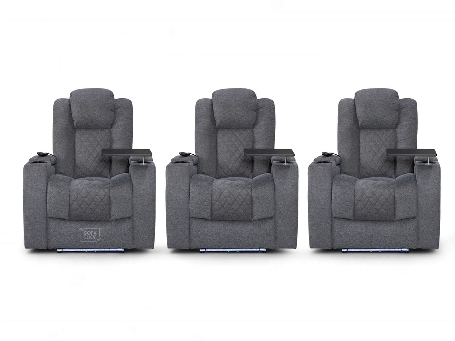 Row of 3 Electric Home Cinema Seats in Grey Woven Fabric, With Recliner, Massage Seats, Removable Table, USB, Lights, Storage Arms, Chilled Cupholders - Pavia