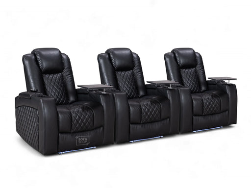 Row of 3 Electric Home Cinema Seats in Black Leather Aire, With Recliner, Massage Seats, Removable Table, USB, Lights, Storage Arms, Chilled Cupholders - Pavia