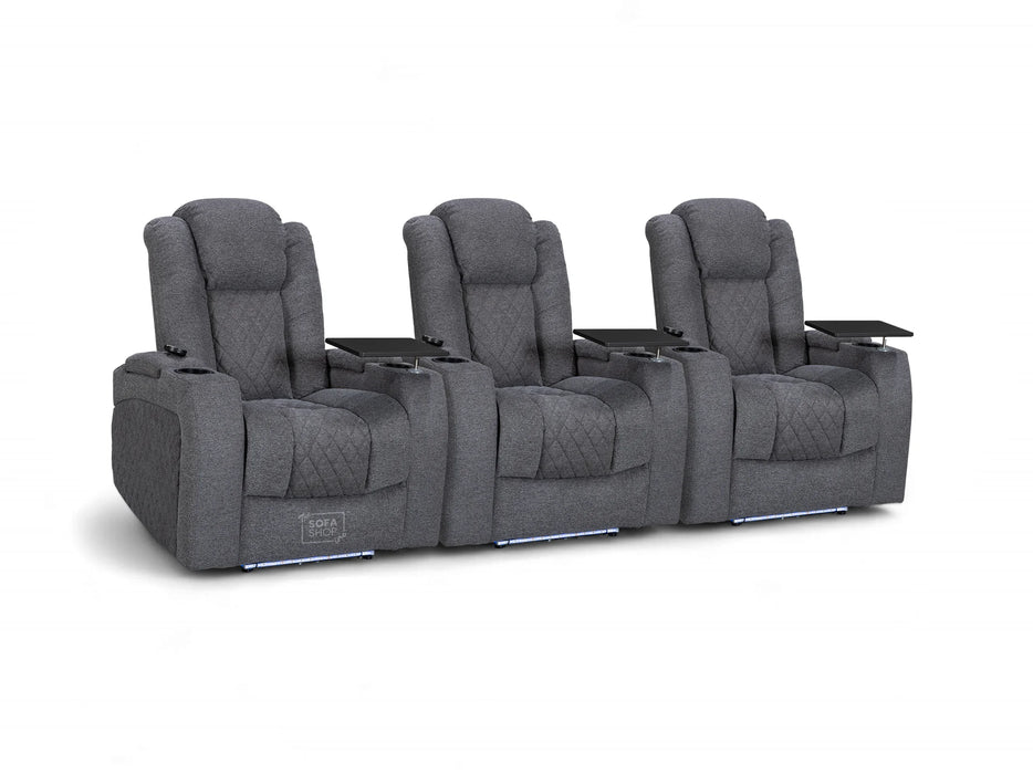 Row of 3 Electric Home Cinema Seats in Grey Woven Fabric, With Recliner, Massage Seats, Removable Table, USB, Lights, Storage Arms, Chilled Cupholders - Pavia