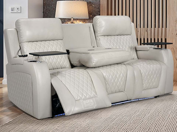 3 Seater Electric Recliner Cinema Sofa in Light Beige Leather with USB Ports & Cup Holders - Venice Series Two